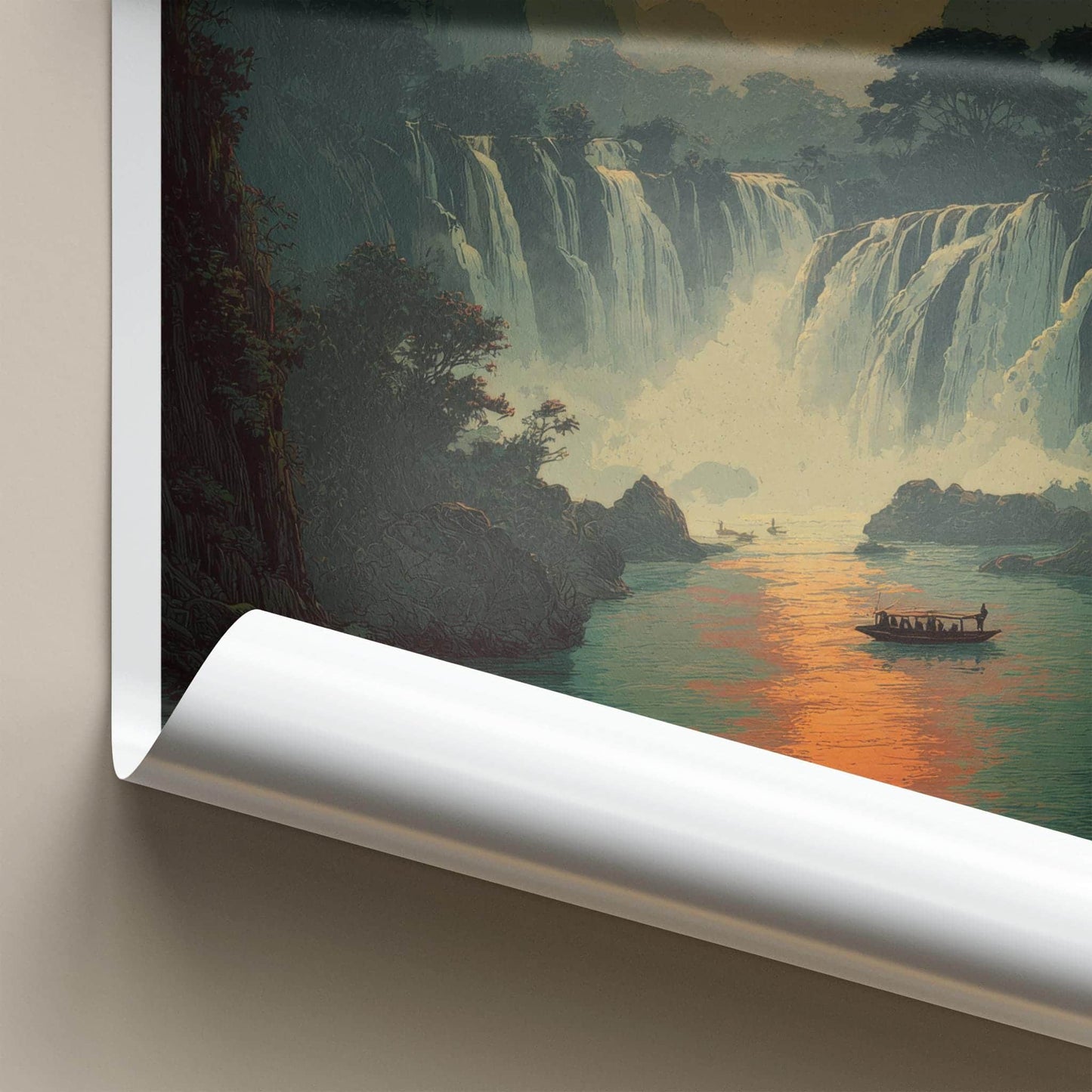 Ban Gioc Poster - Vietnam Travel Art - Misty waterfall boats Wall Decor