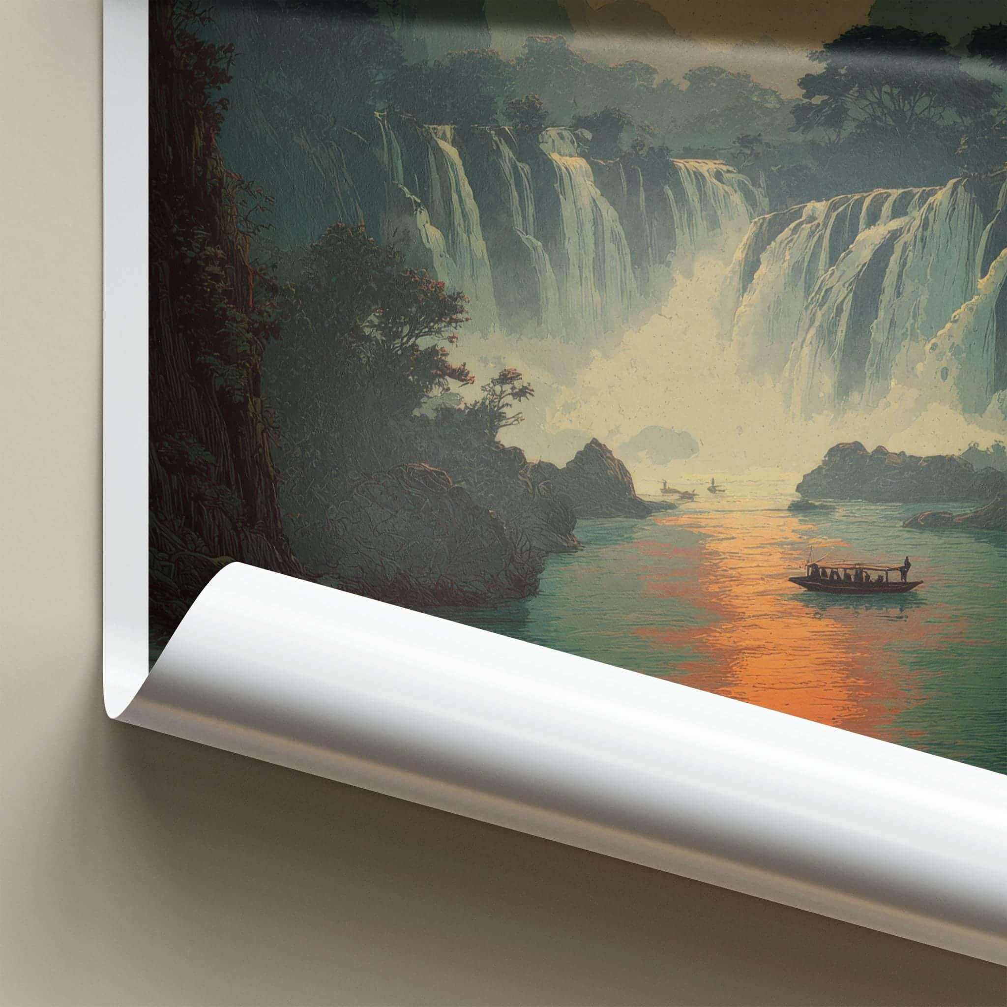 Ban Gioc Poster - Vietnam Travel Art - Misty waterfall boats Wall Decor
