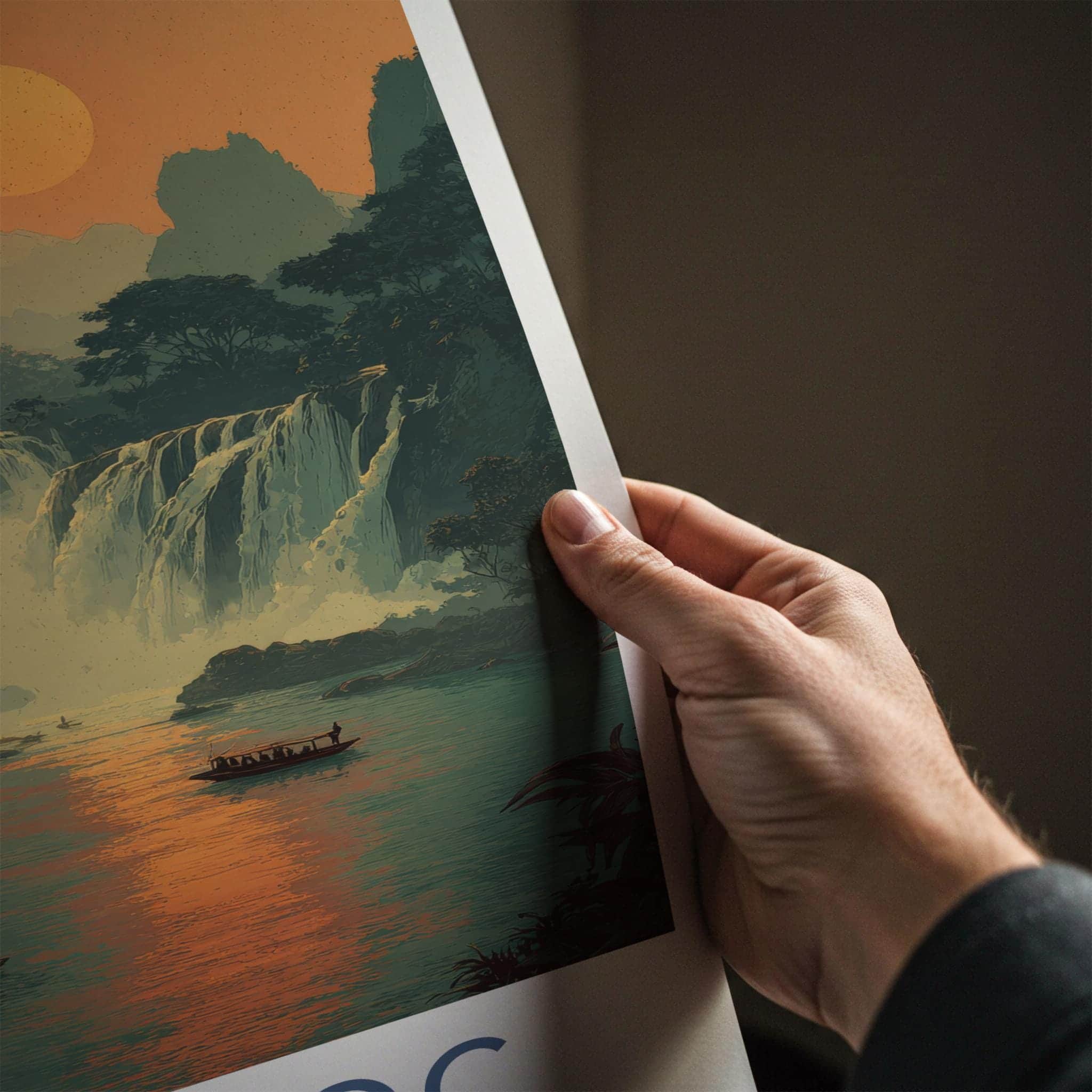 Ban Gioc Poster - Vietnam Travel Art - Misty waterfall boats Wall Decor