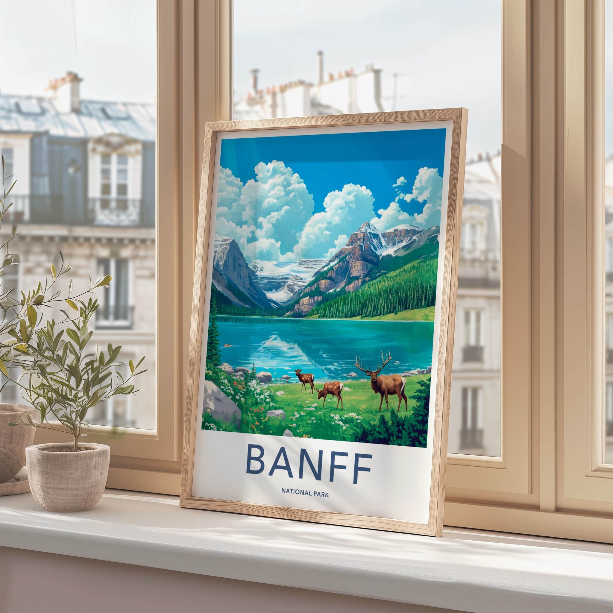 Banff National Park Poster - Canada Travel Art - Elk Mountain Lake Wall Decor