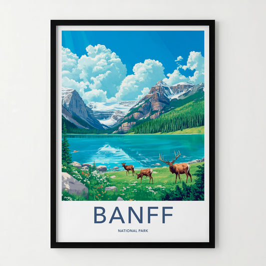 Banff National Park Poster - Canada Travel Art - Elk Mountain Lake Wall Decor