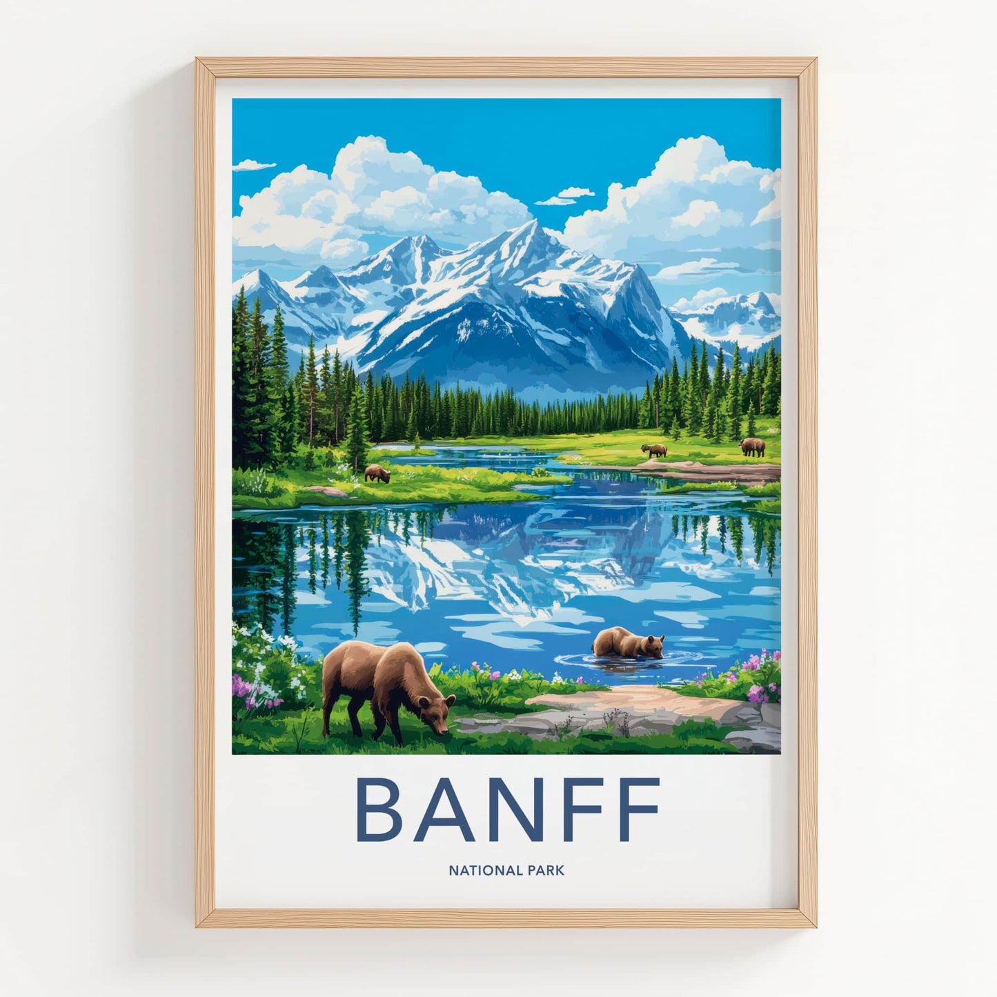 Banff National Park Poster - Canada Travel Art - Mountain Lake Bears Home Decor