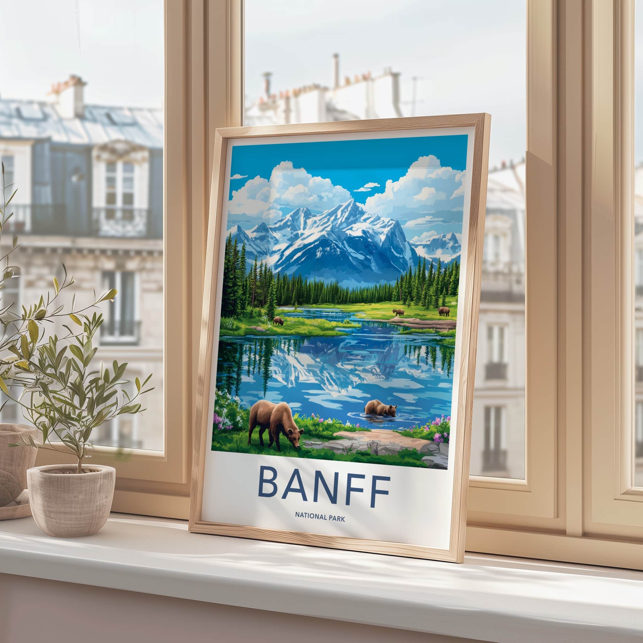 Banff National Park Poster - Canada Travel Art - Mountain Lake Bears Home Decor