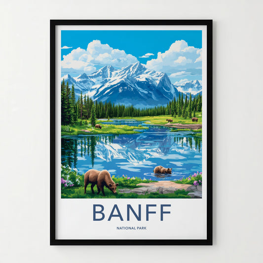 Banff National Park Poster - Canada Travel Art - Mountain Lake Bears Home Decor