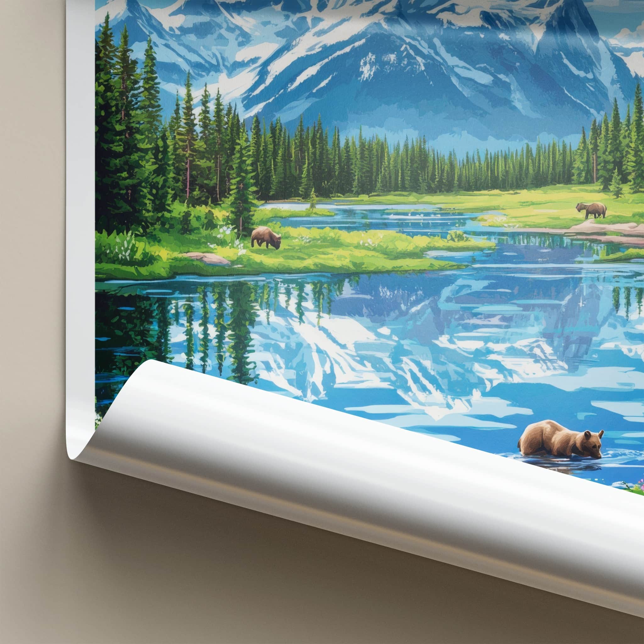 Banff National Park Poster - Canada Travel Art - Mountain Lake Bears Home Decor