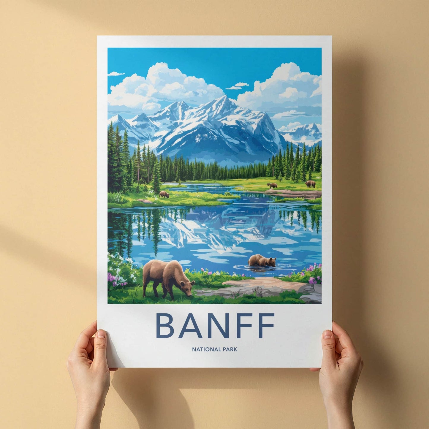 Banff National Park Poster - Canada Travel Art - Mountain Lake Bears Home Decor