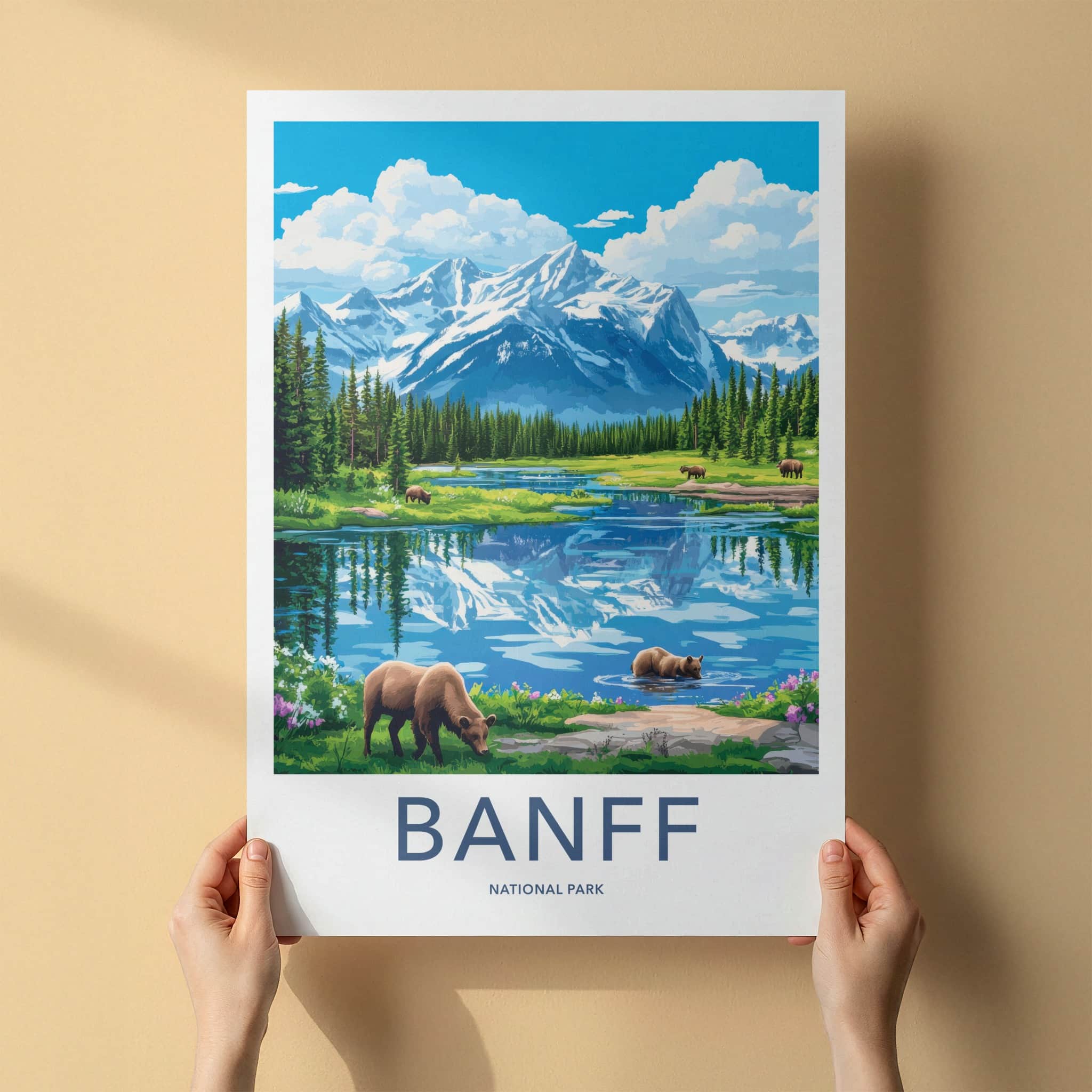 Banff National Park Poster - Canada Travel Art - Mountain Lake Bears Home Decor