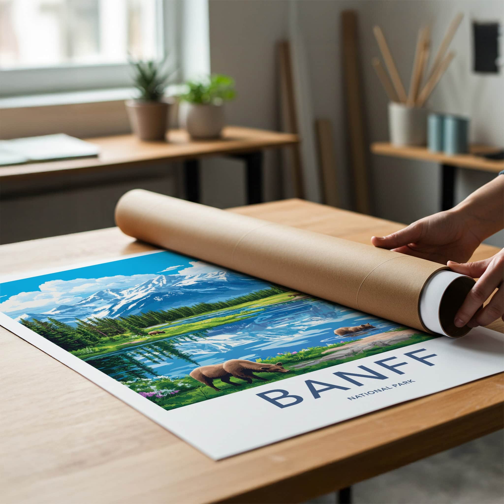 Banff National Park Poster - Canada Travel Art - Mountain Lake Bears Home Decor