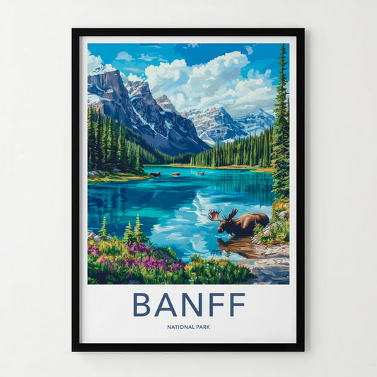 Banff National Park Poster - Canada Travel Art - Mountain Lake Moose Home Decor