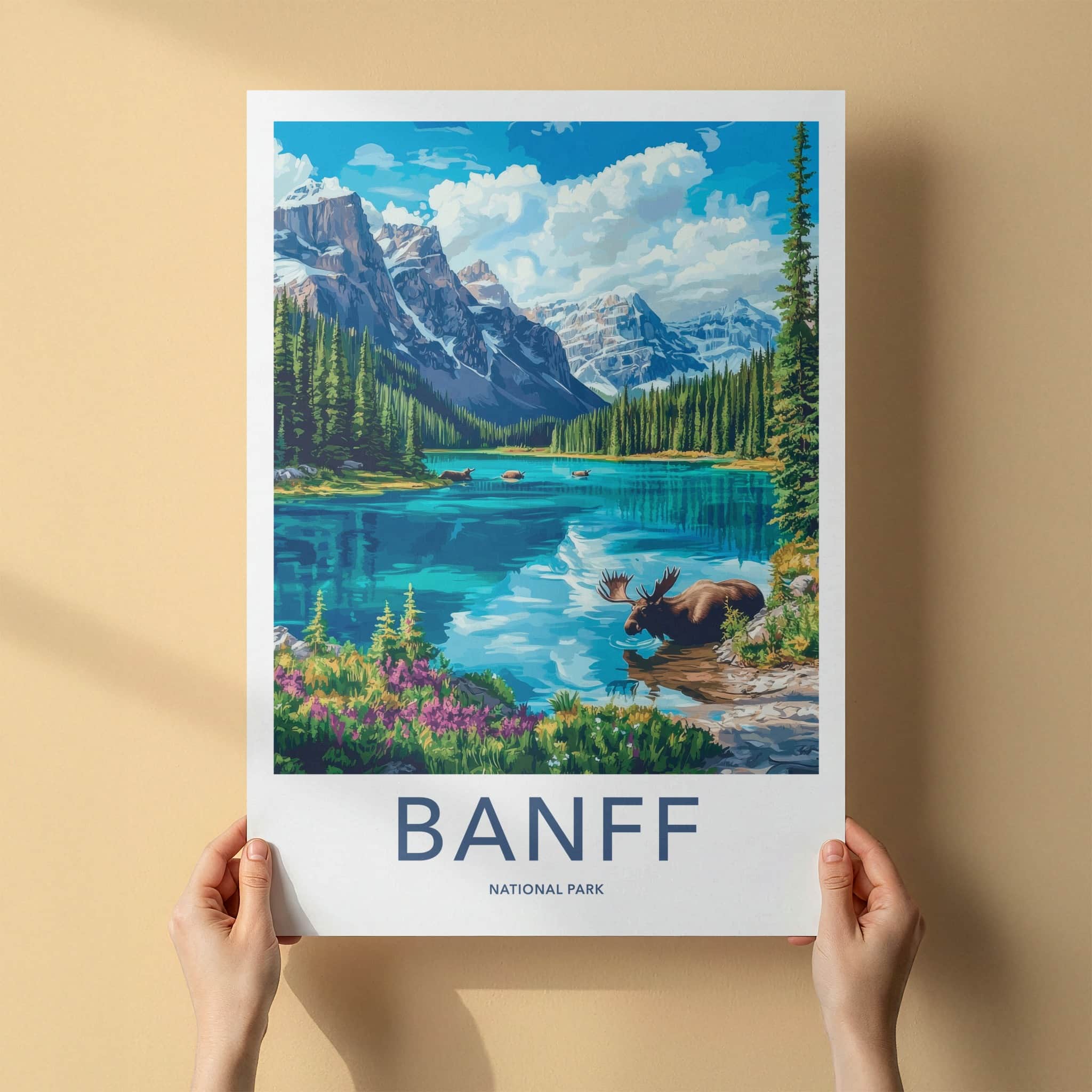 Banff National Park Poster - Canada Travel Art - Mountain Lake Moose Home Decor