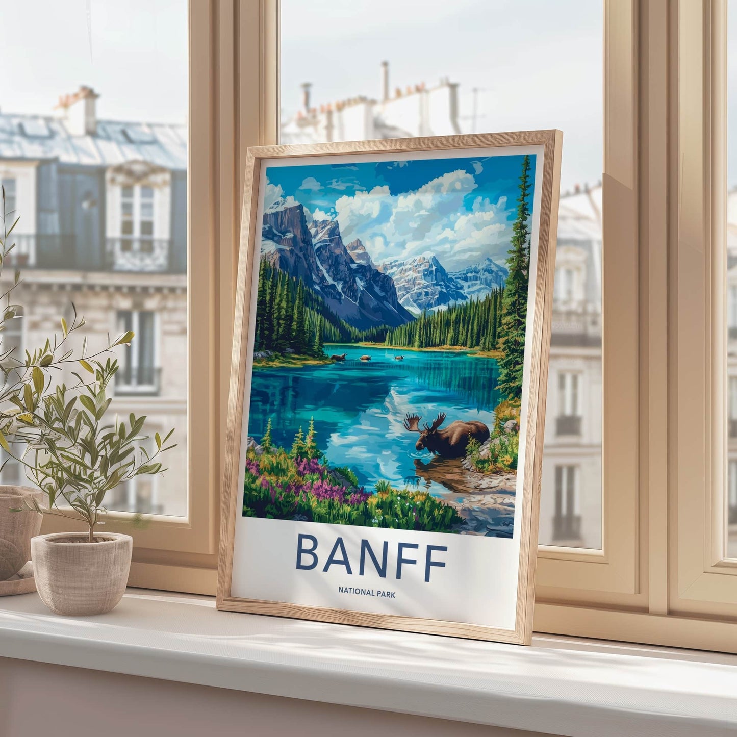 Banff National Park Poster - Canada Travel Art - Mountain Lake Moose Home Decor