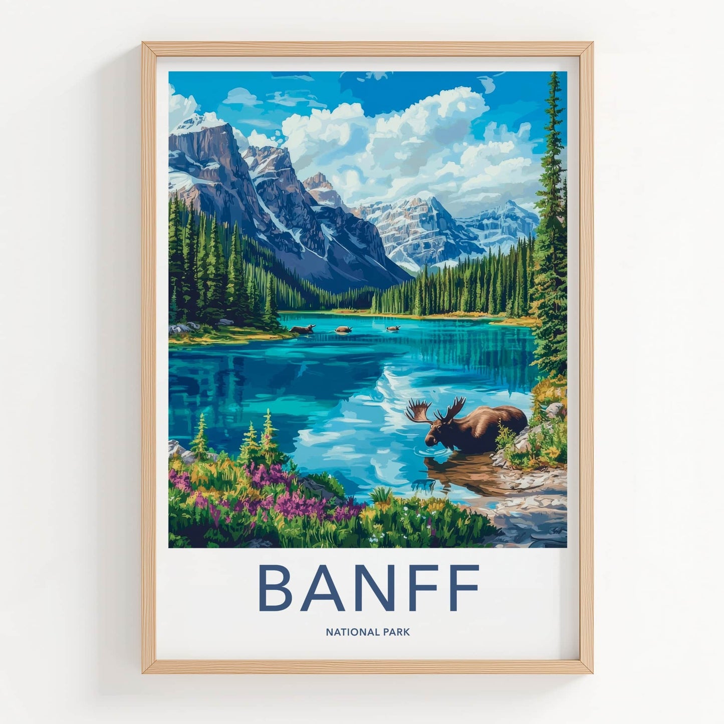Banff National Park Poster - Canada Travel Art - Mountain Lake Moose Home Decor