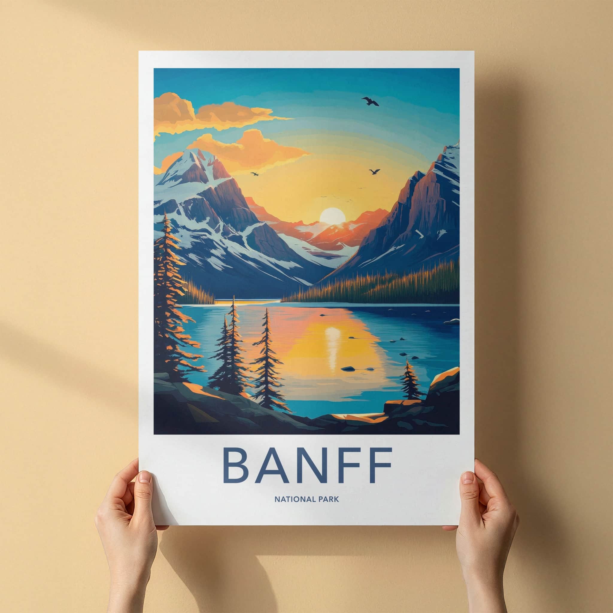 Banff National Park Poster - Canada Travel Art - Mountain Lake Sunset Wall Decor