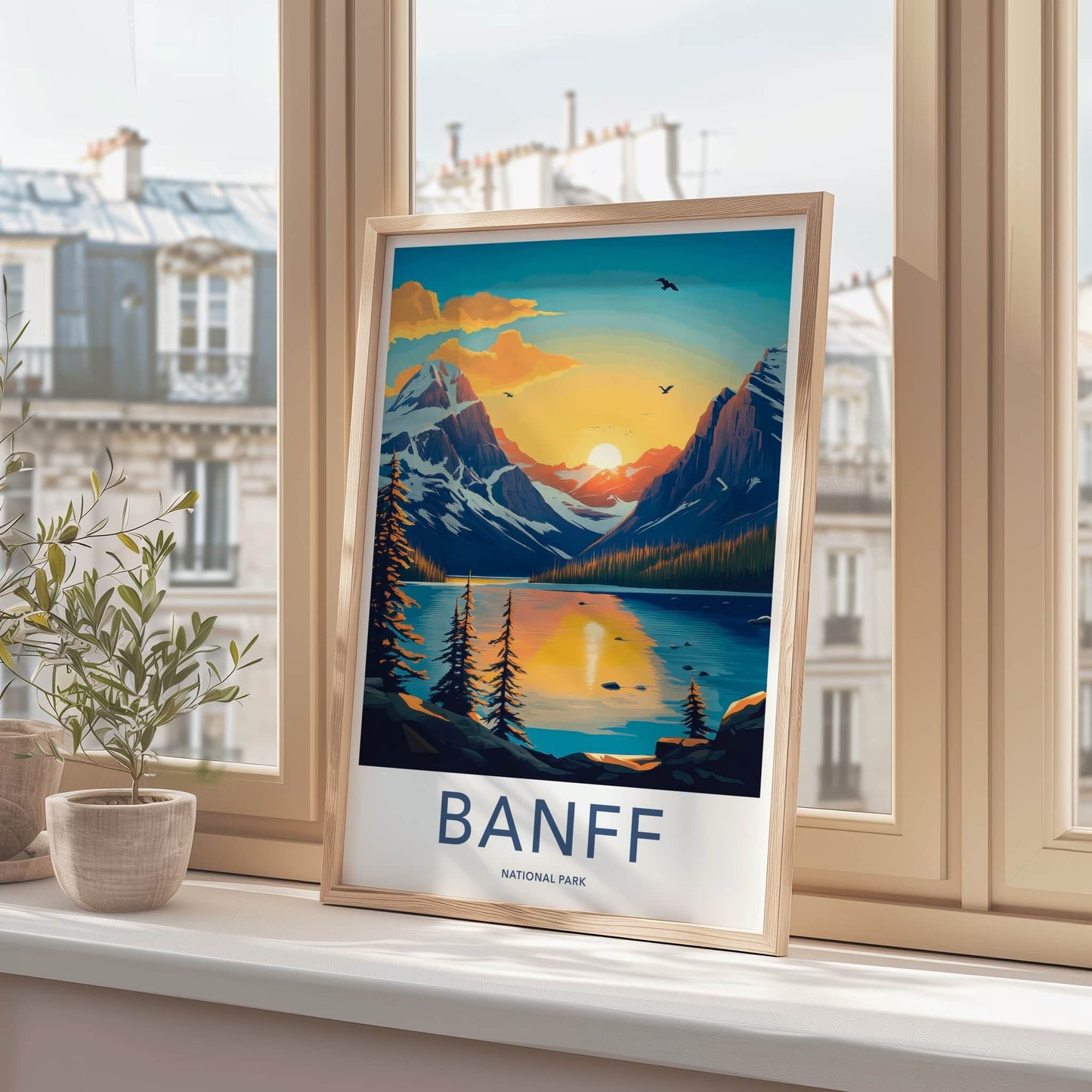 Banff National Park Poster - Canada Travel Art - Mountain Lake Sunset Wall Decor