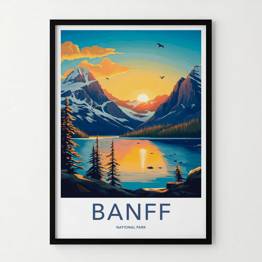 Banff National Park Poster - Canada Travel Art - Mountain Lake Sunset Wall Decor