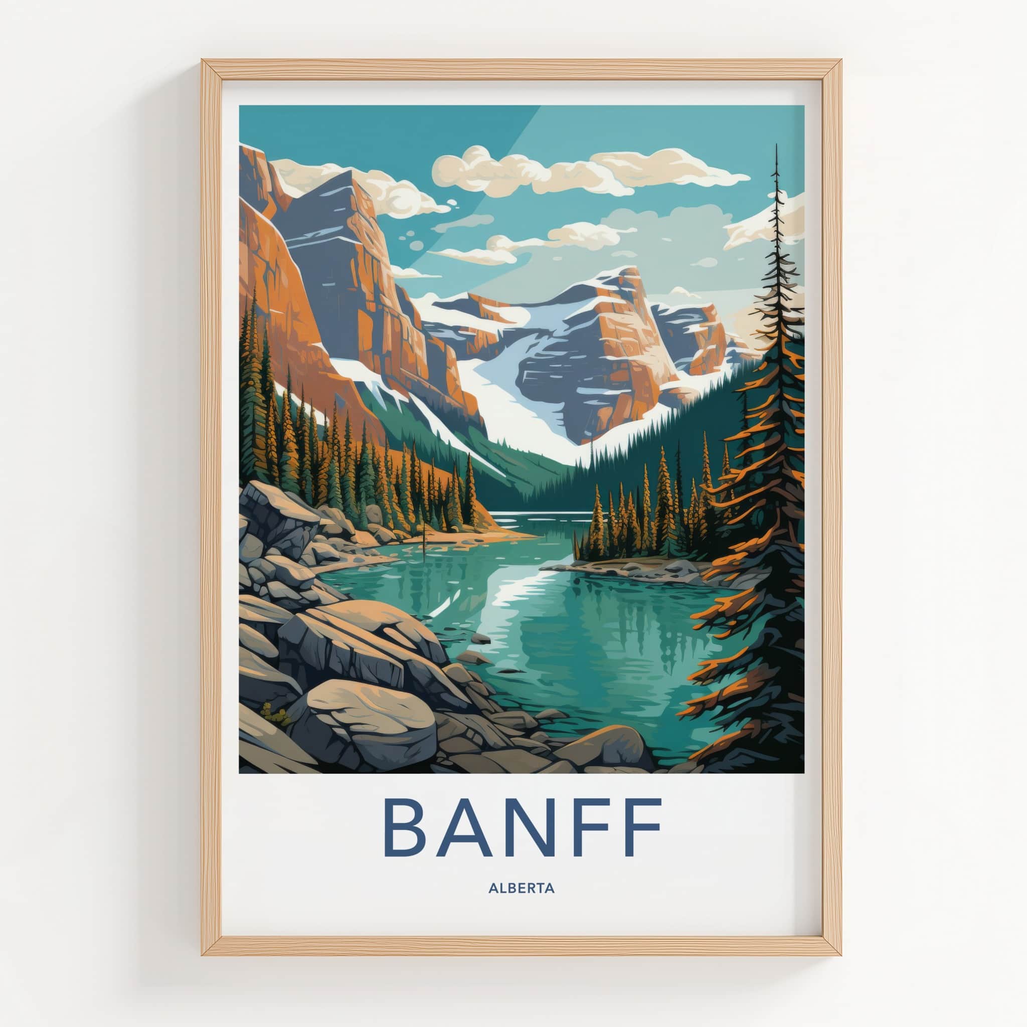 Banff Poster - Canada Travel Art - Mountain Lake Pines Home Decor