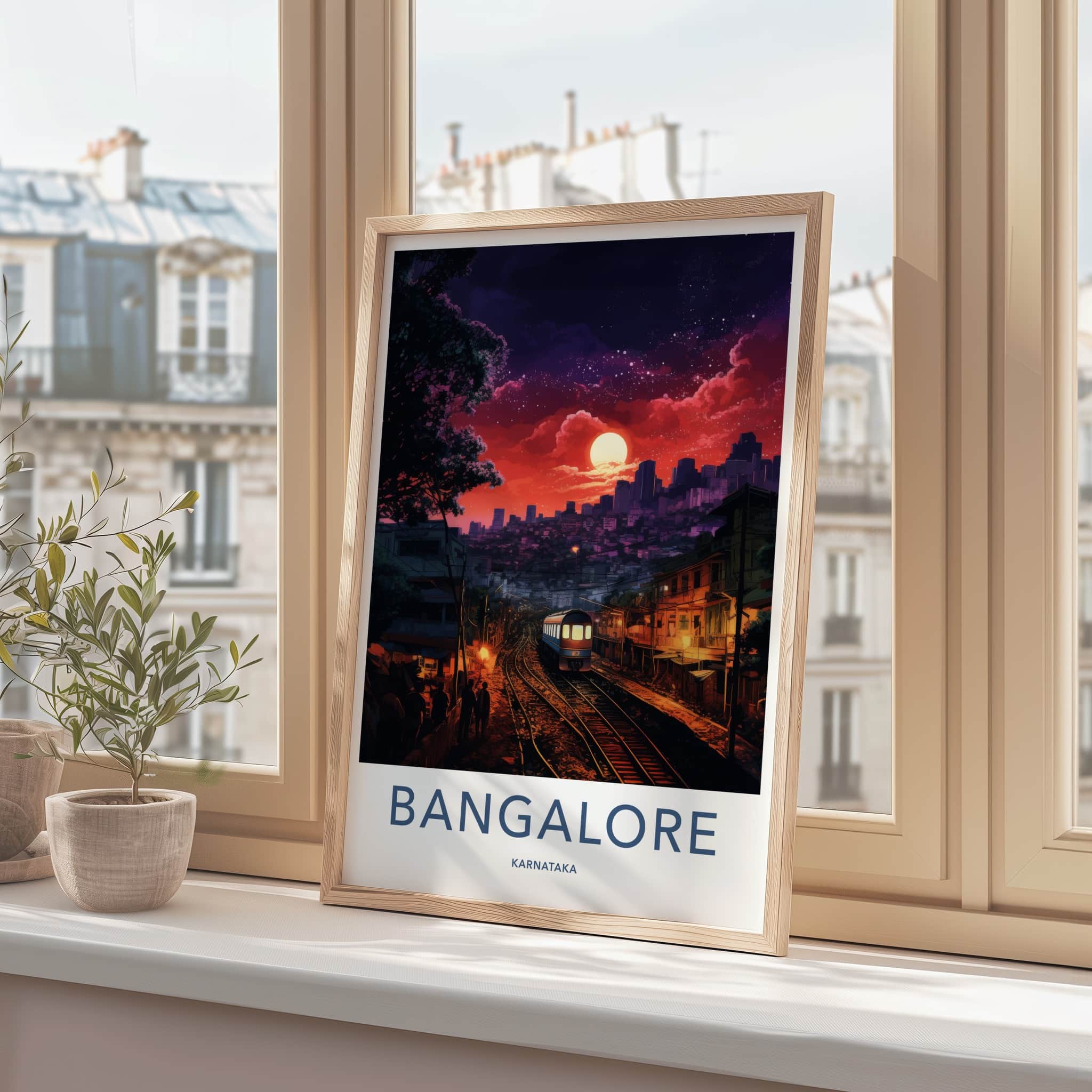 BANGALORE Poster - India Travel Art - Karnataka Moonlit Train Station Home Decor