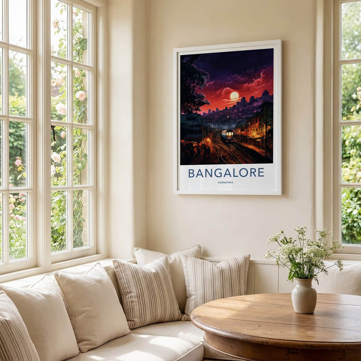 BANGALORE Poster - India Travel Art - Karnataka Moonlit Train Station Home Decor