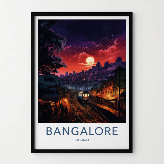 BANGALORE Poster - India Travel Art - Karnataka Moonlit Train Station Home Decor