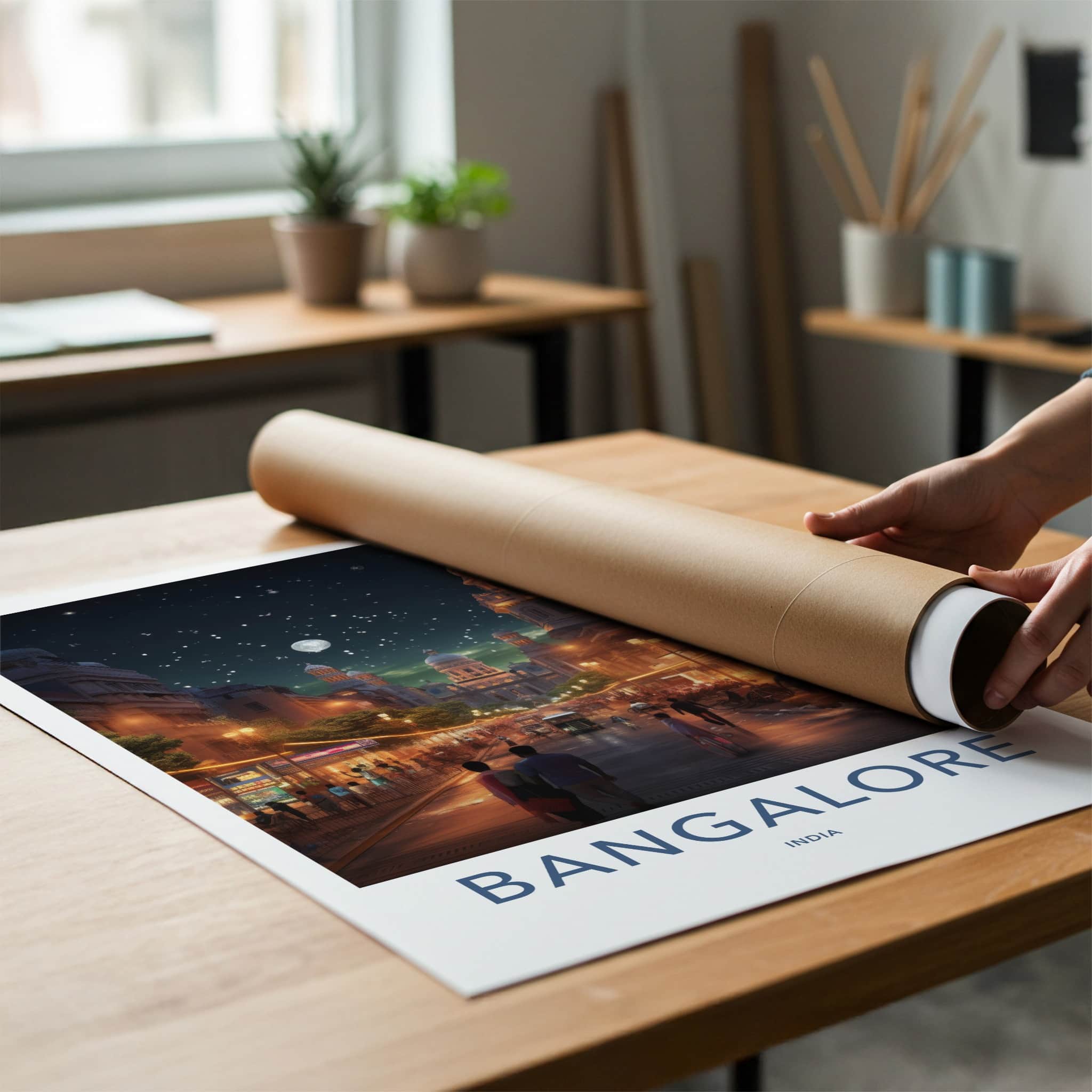 Bangalore Poster - India Travel Art - Karnataka Night Scene Home Decor