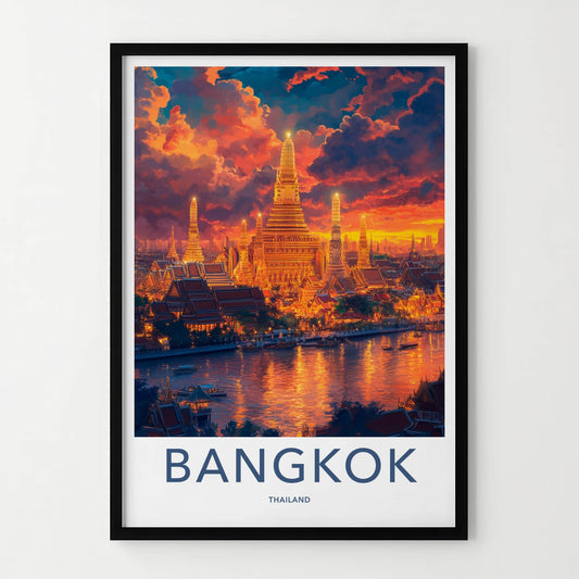 Bangkok Poster - Thailand Travel Art - Golden Temple River Home Decor