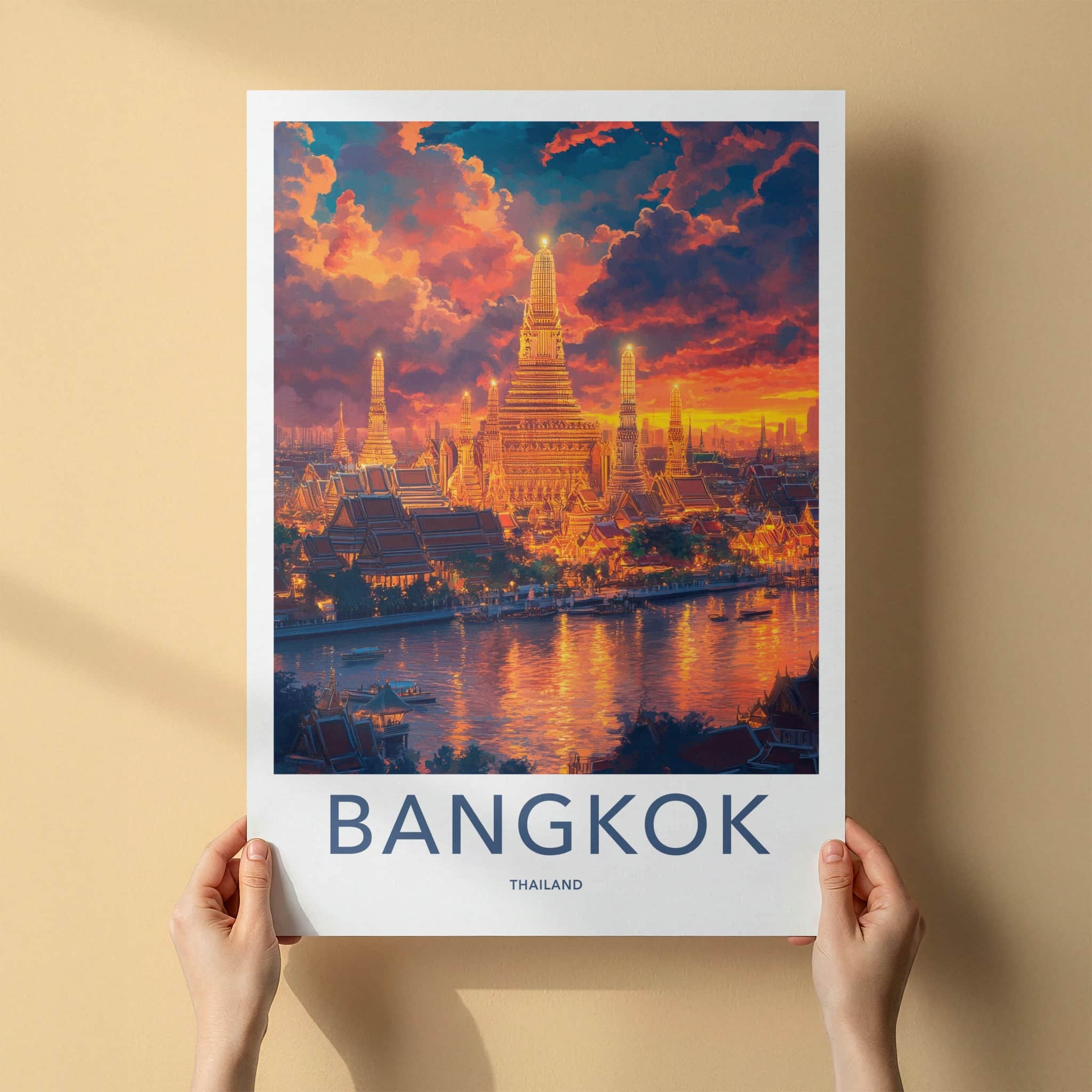 Bangkok Poster - Thailand Travel Art - Golden Temple River Home Decor