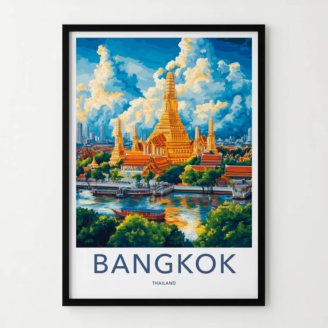 Bangkok Poster - Thailand Travel Art - Golden Temple River Wall Decor