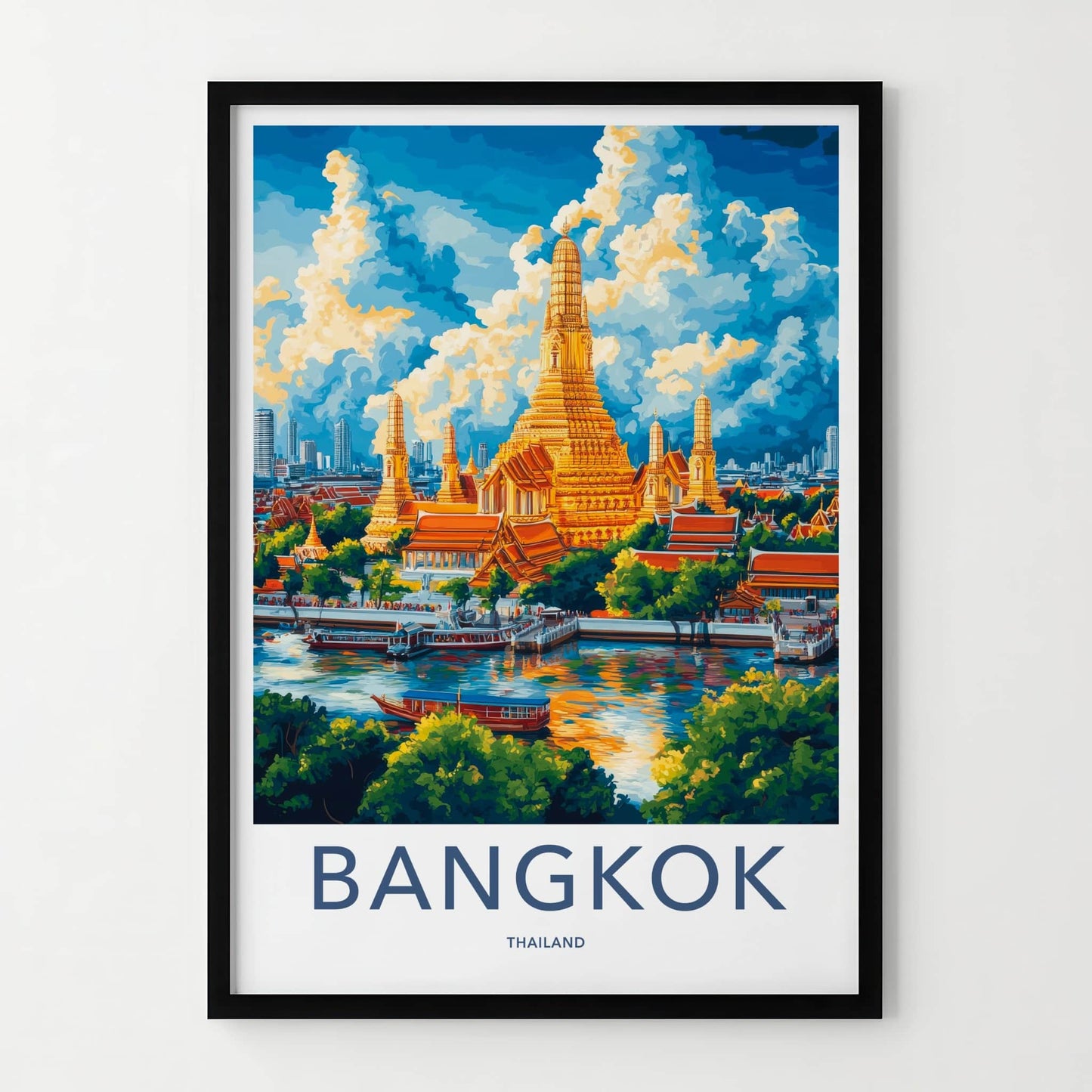 Bangkok Poster - Thailand Travel Art - Golden Temple River Wall Decor