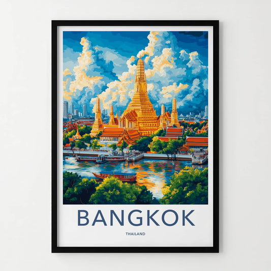 Bangkok Poster - Thailand Travel Art - Golden Temple River Wall Decor