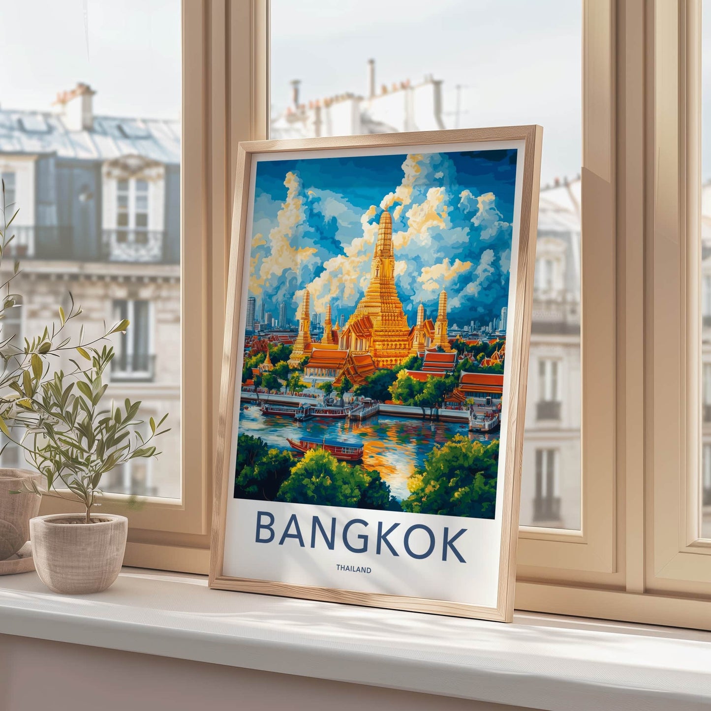 Bangkok Poster - Thailand Travel Art - Golden Temple River Wall Decor