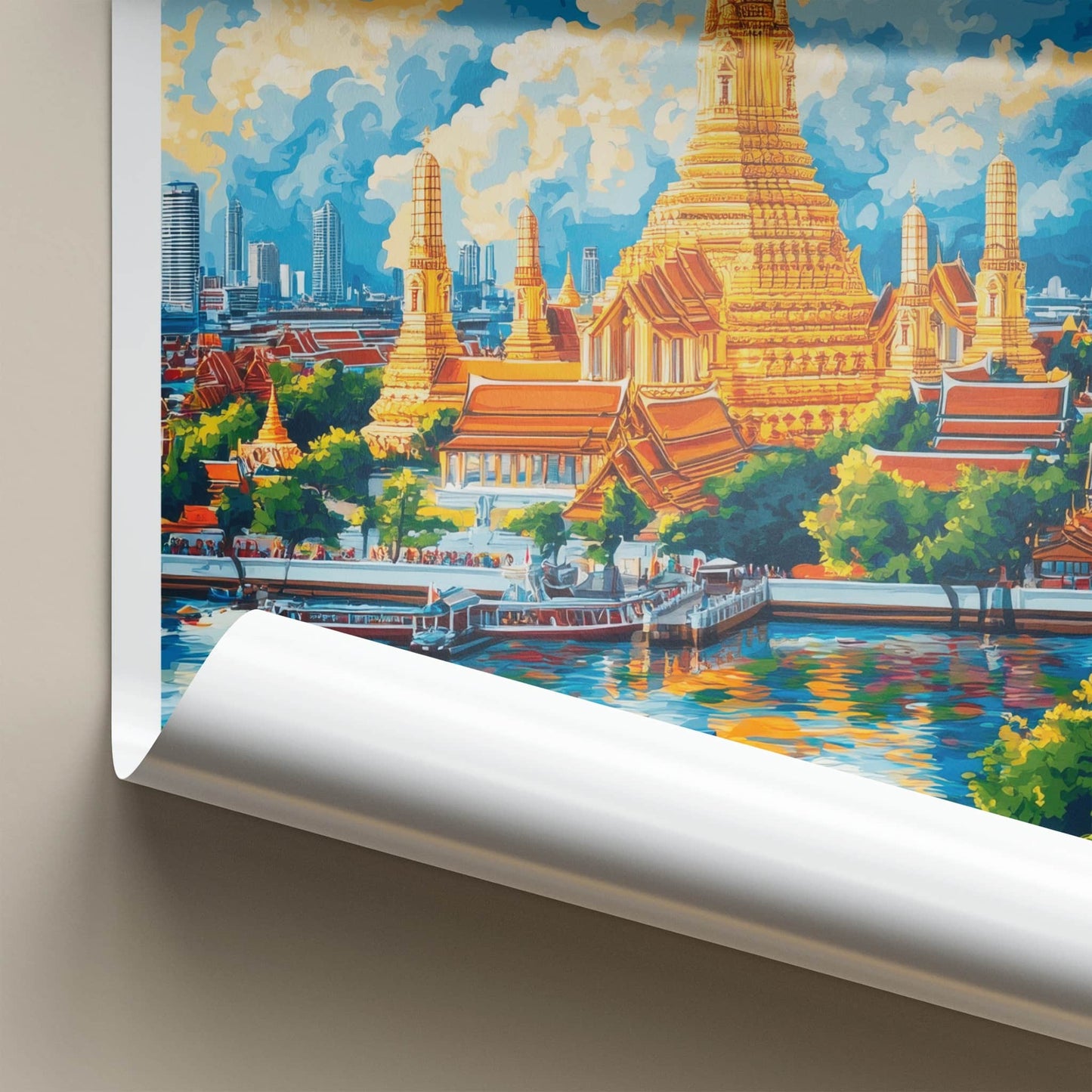 Bangkok Poster - Thailand Travel Art - Golden Temple River Wall Decor