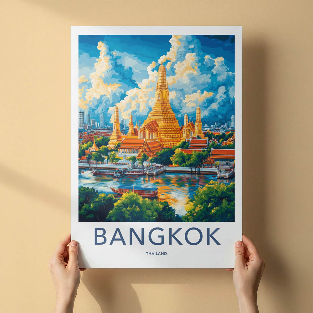 Bangkok Poster - Thailand Travel Art - Golden Temple River Wall Decor