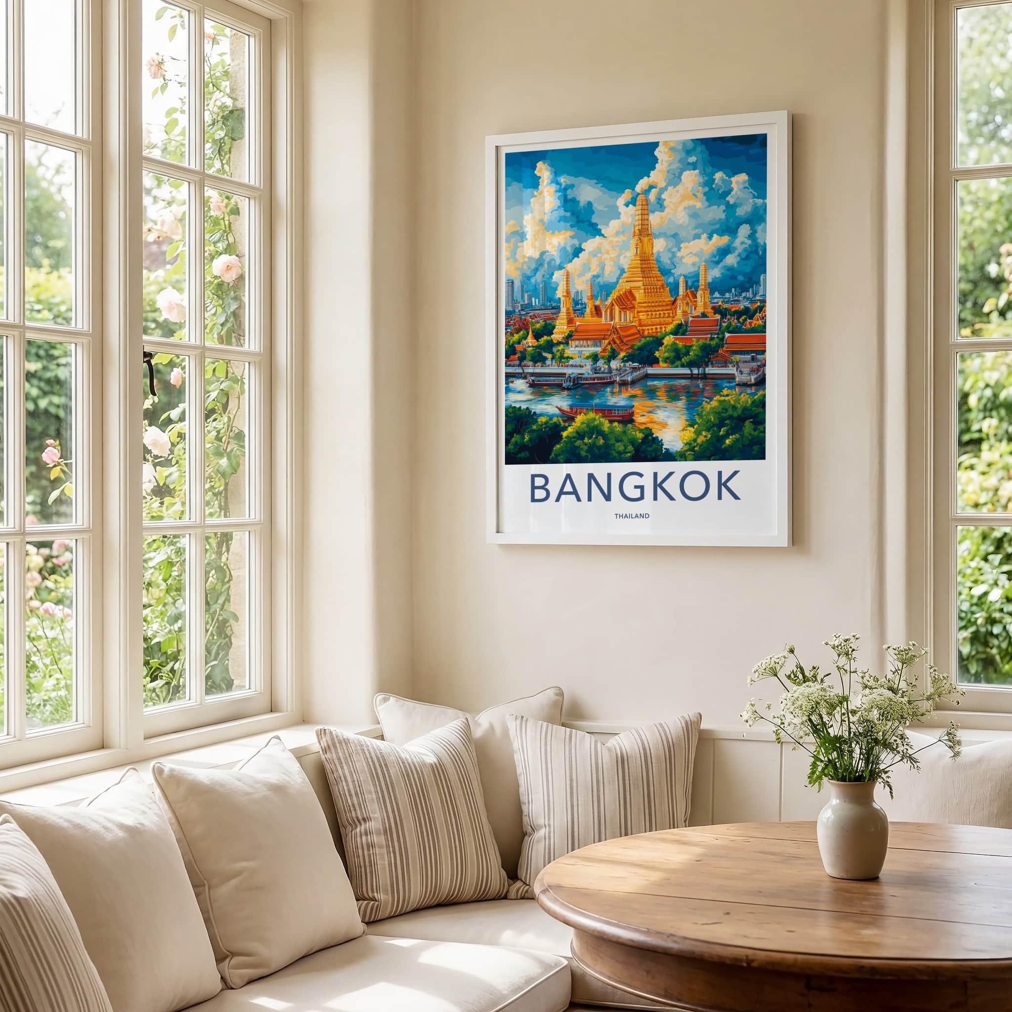 Bangkok Poster - Thailand Travel Art - Golden Temple River Wall Decor