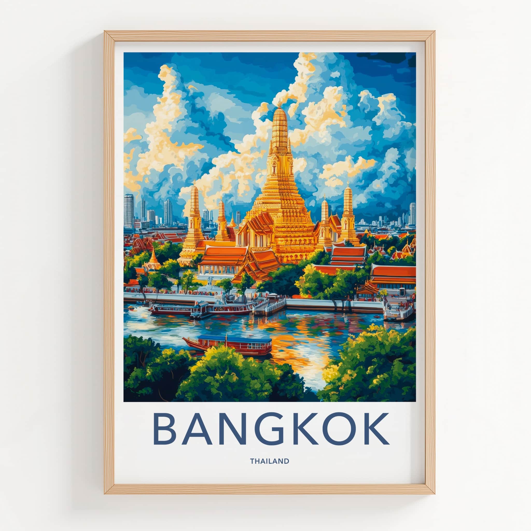 Bangkok Poster - Thailand Travel Art - Golden Temple River Wall Decor