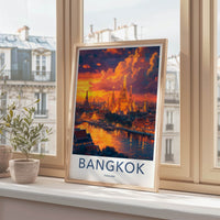 Bangkok Poster - Thailand Travel Art - Illuminated Temple River Home Decor