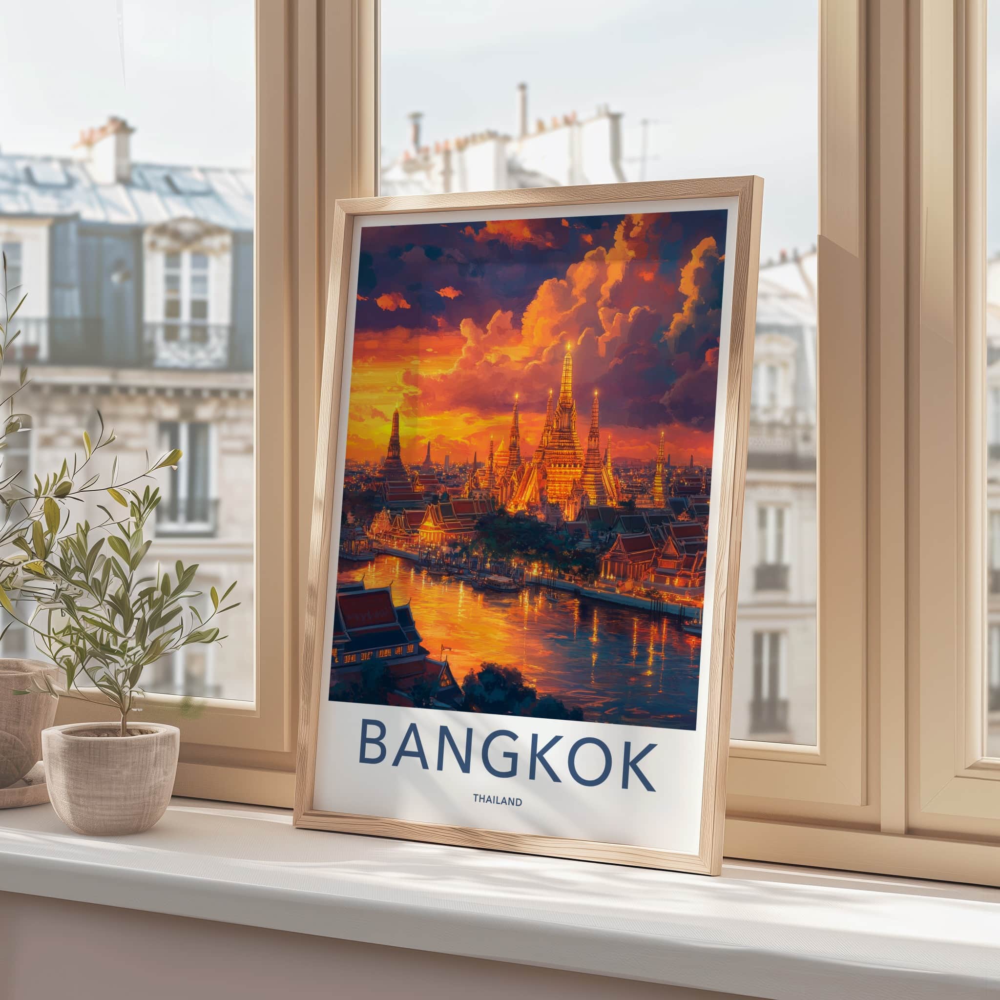 Bangkok Poster - Thailand Travel Art - Illuminated Temple River Home Decor