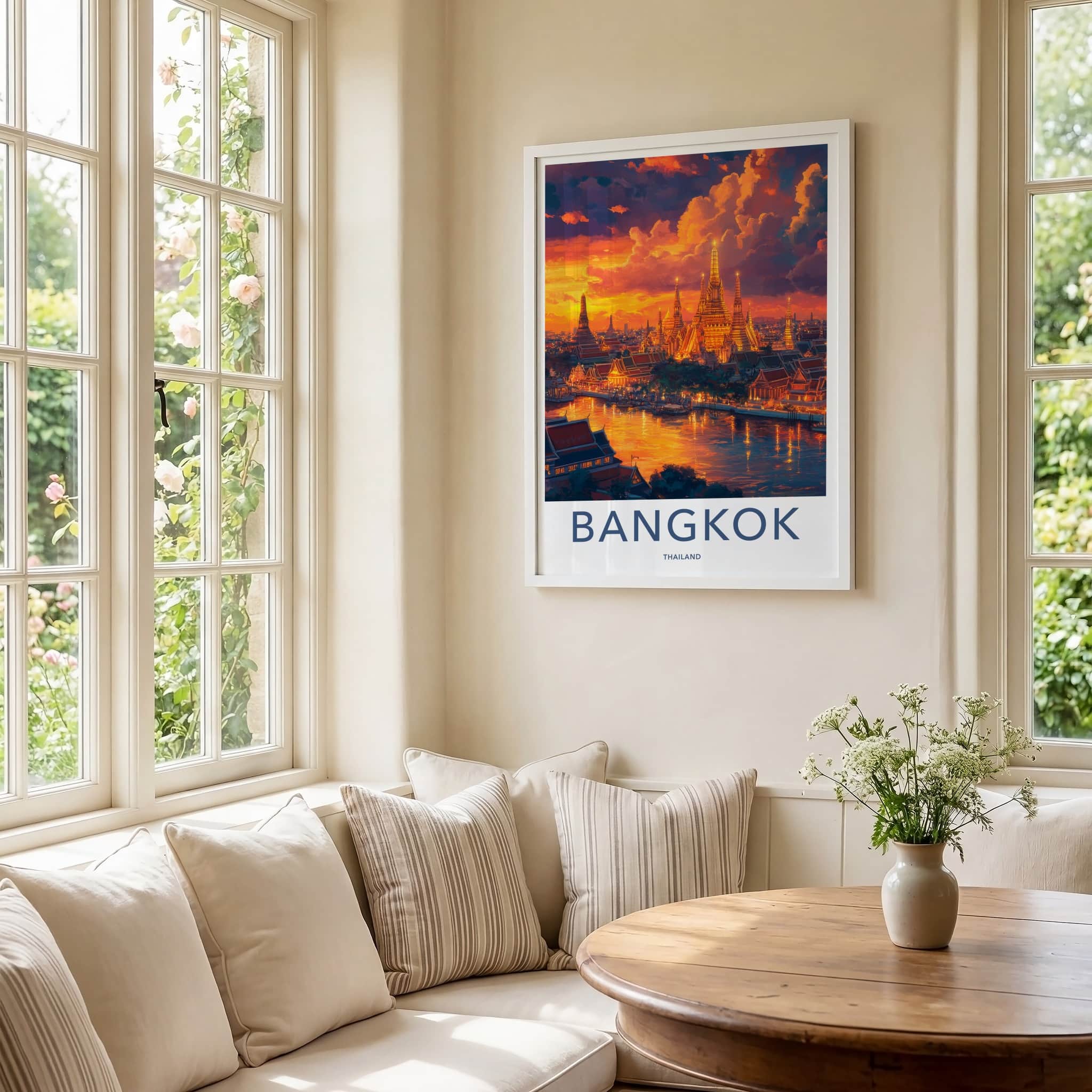 Bangkok Poster - Thailand Travel Art - Illuminated Temple River Home Decor