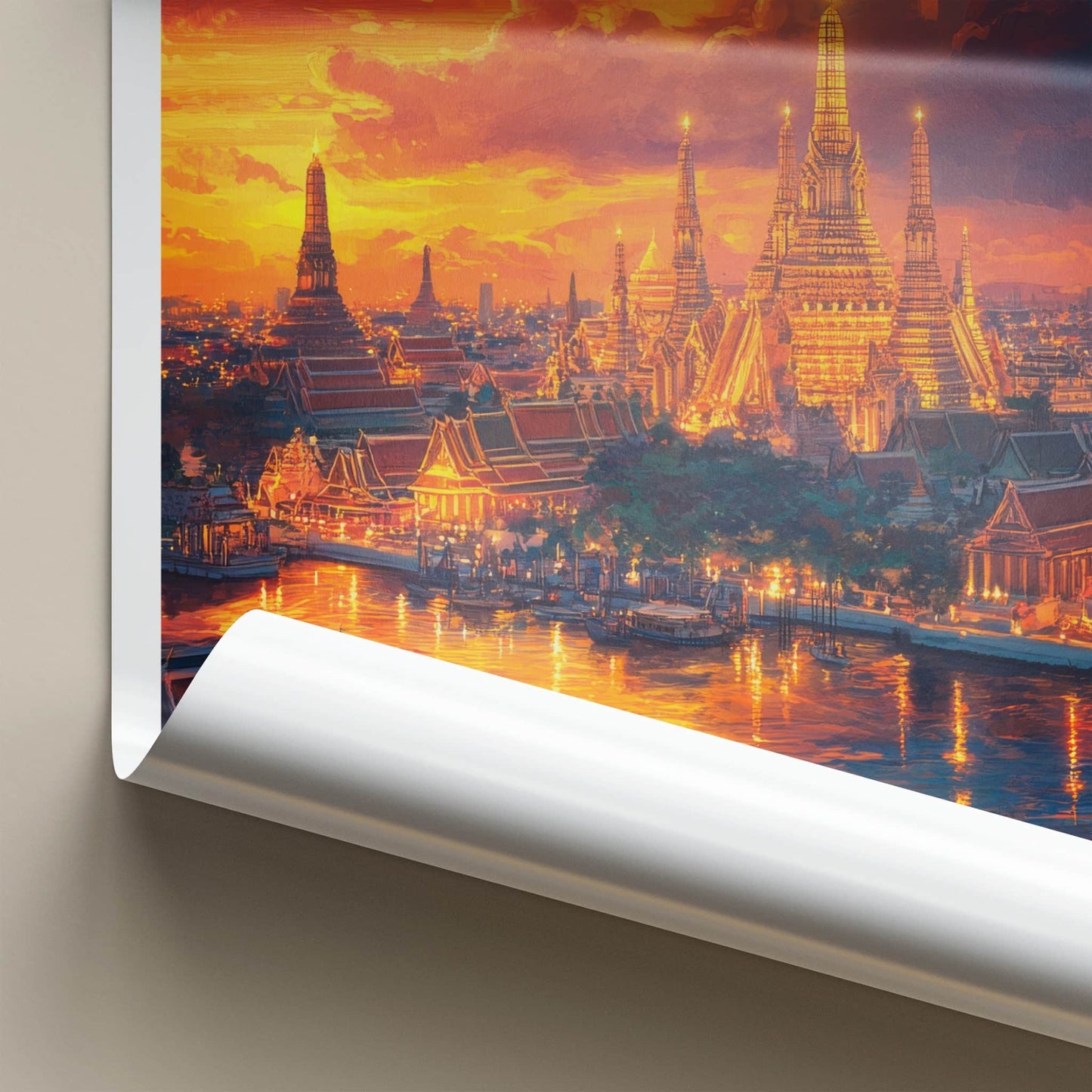 Bangkok Poster - Thailand Travel Art - Illuminated Temple River Home Decor