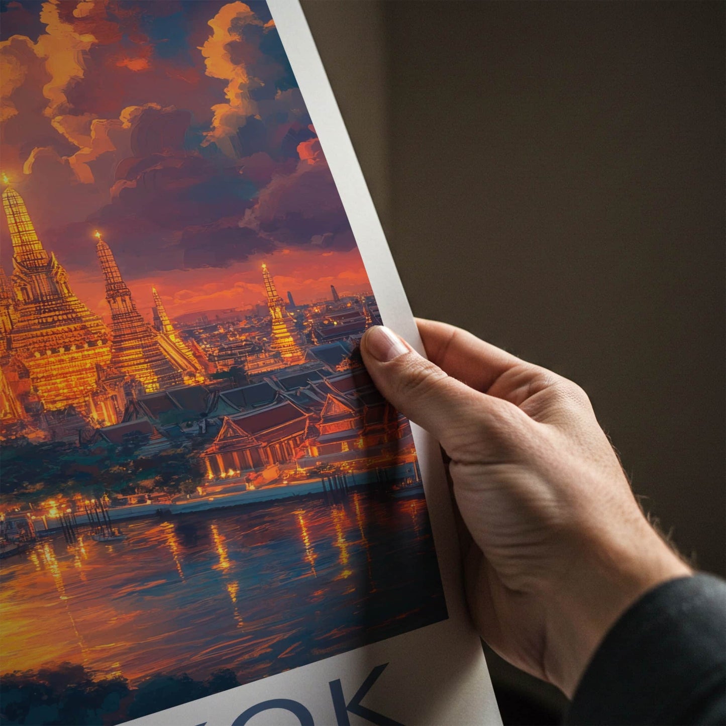 Bangkok Poster - Thailand Travel Art - Illuminated Temple River Home Decor