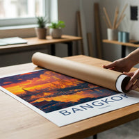 Bangkok Poster - Thailand Travel Art - Illuminated Temple River Home Decor