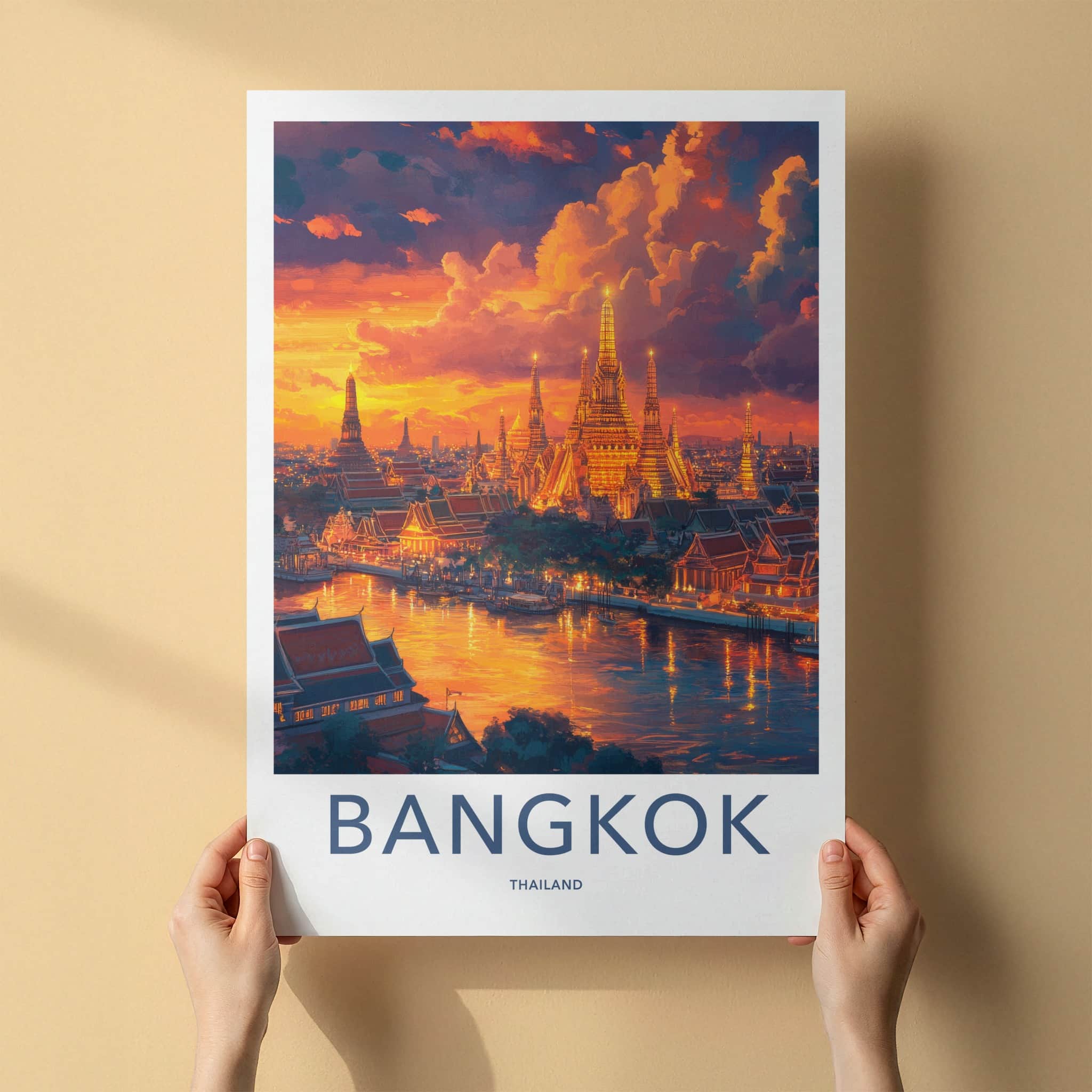 Bangkok Poster - Thailand Travel Art - Illuminated Temple River Home Decor