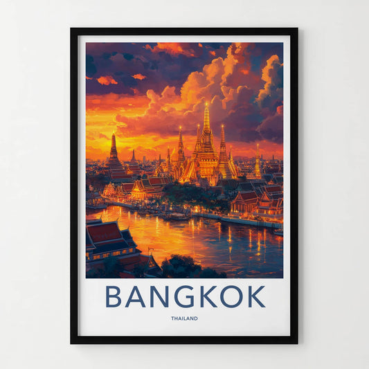 Bangkok Poster - Thailand Travel Art - Illuminated Temple River Home Decor