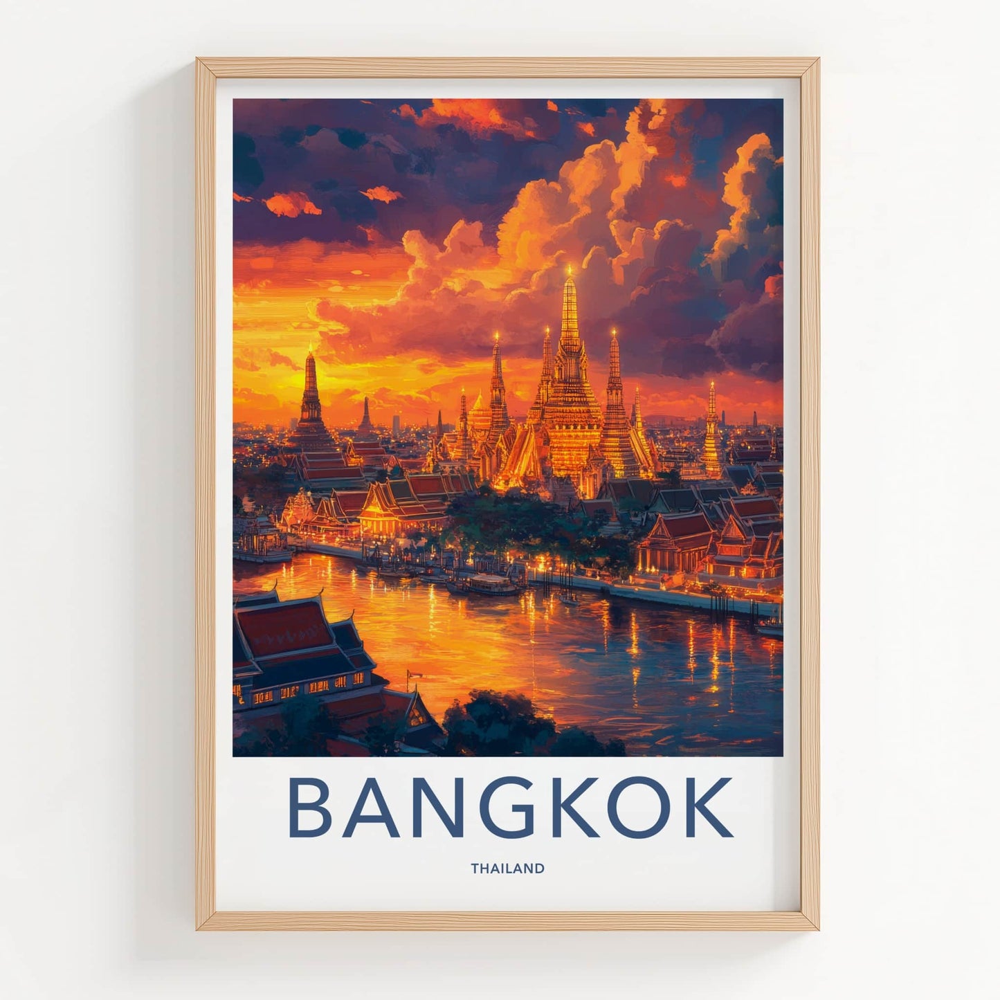 Bangkok Poster - Thailand Travel Art - Illuminated Temple River Home Decor