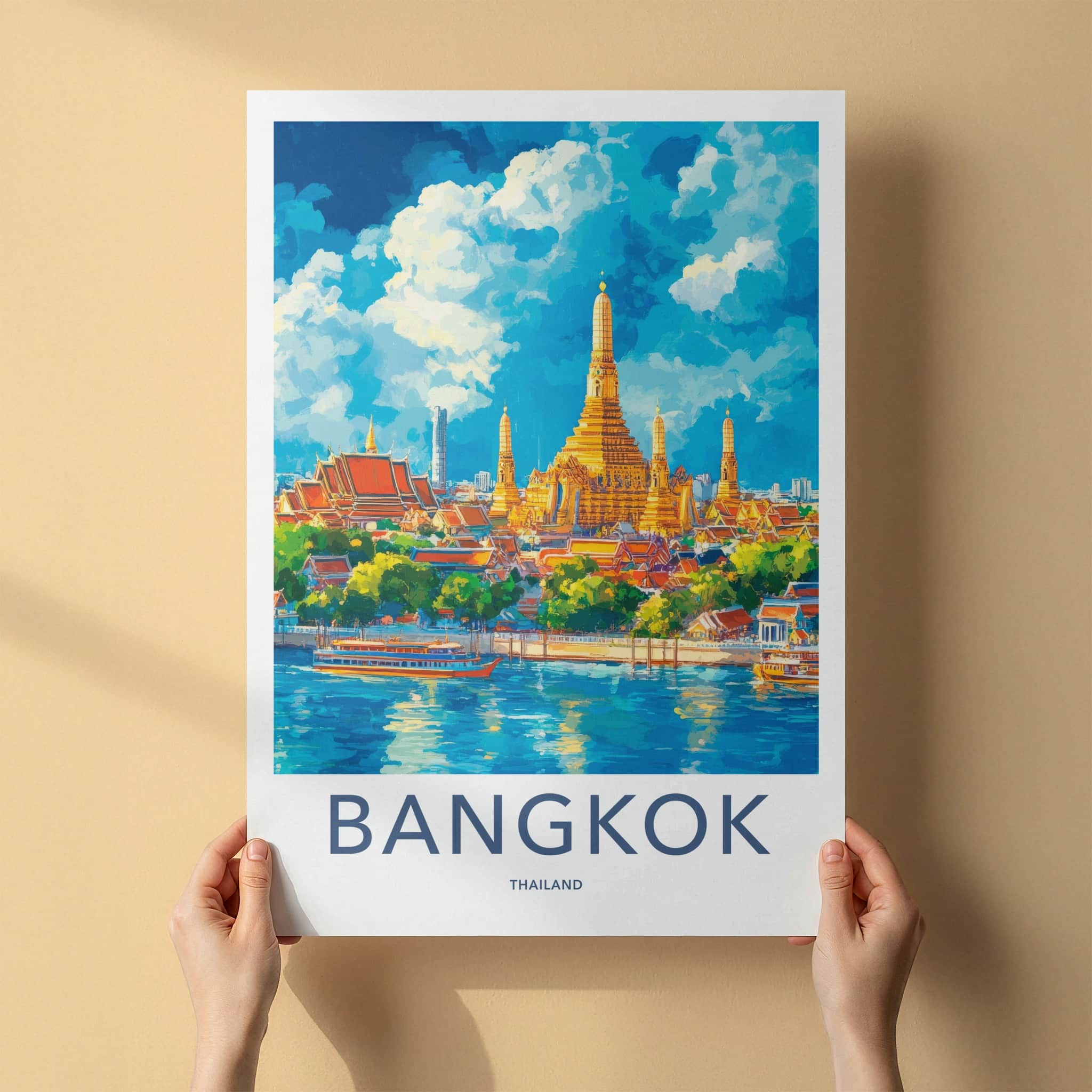 Bangkok Poster - Thailand Travel Art - Riverside Golden Temple Home Decor