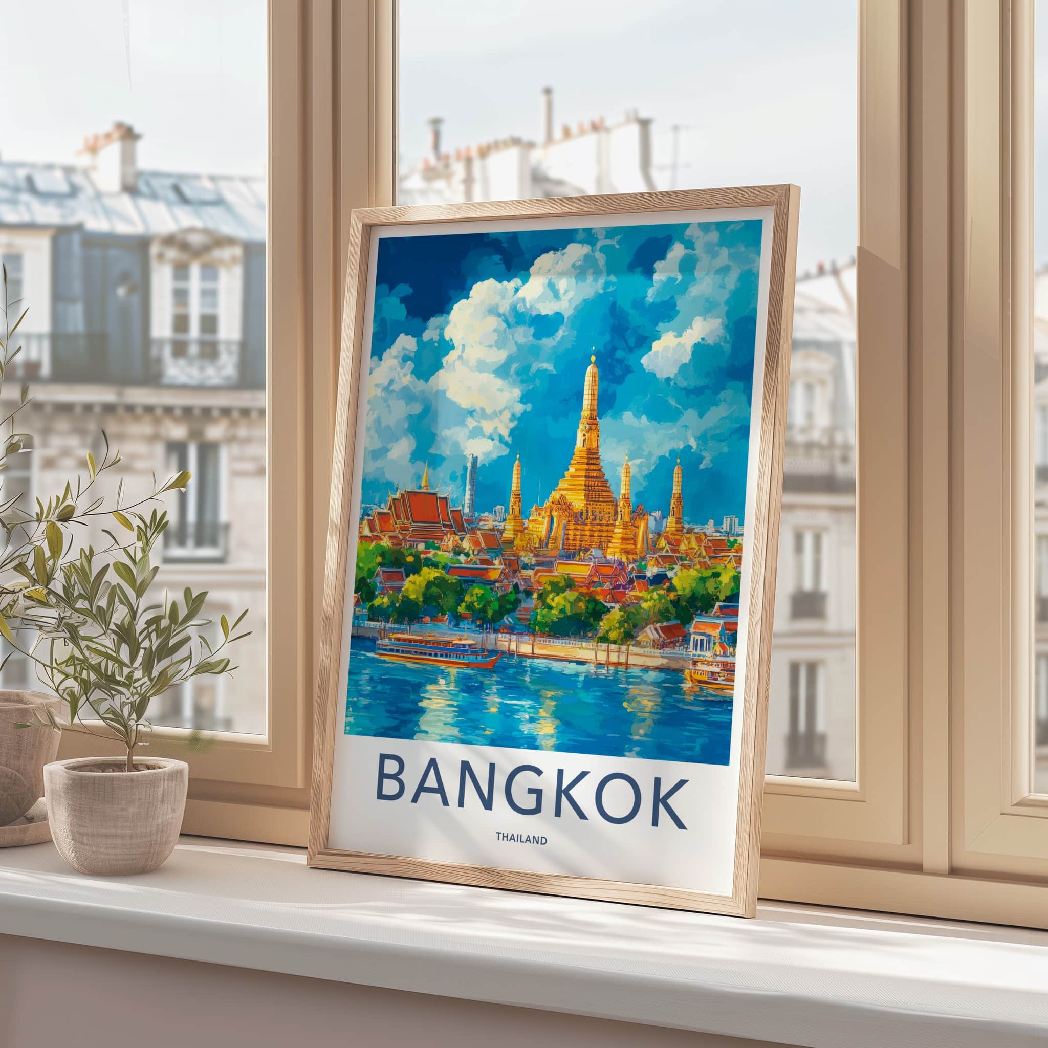 Bangkok Poster - Thailand Travel Art - Riverside Golden Temple Home Decor