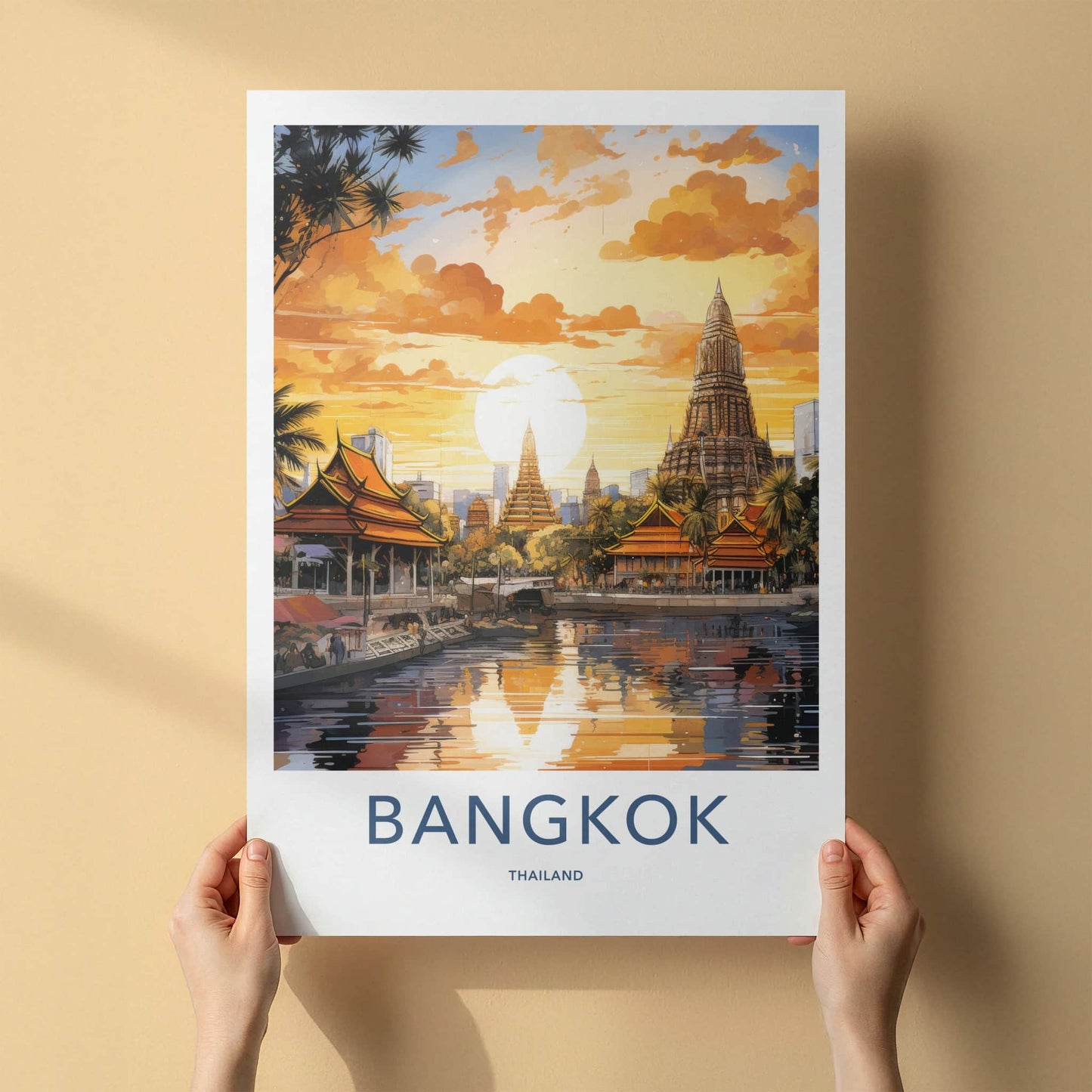 Bangkok Poster - Thailand Travel Art - Temple River Sunset Home Decor