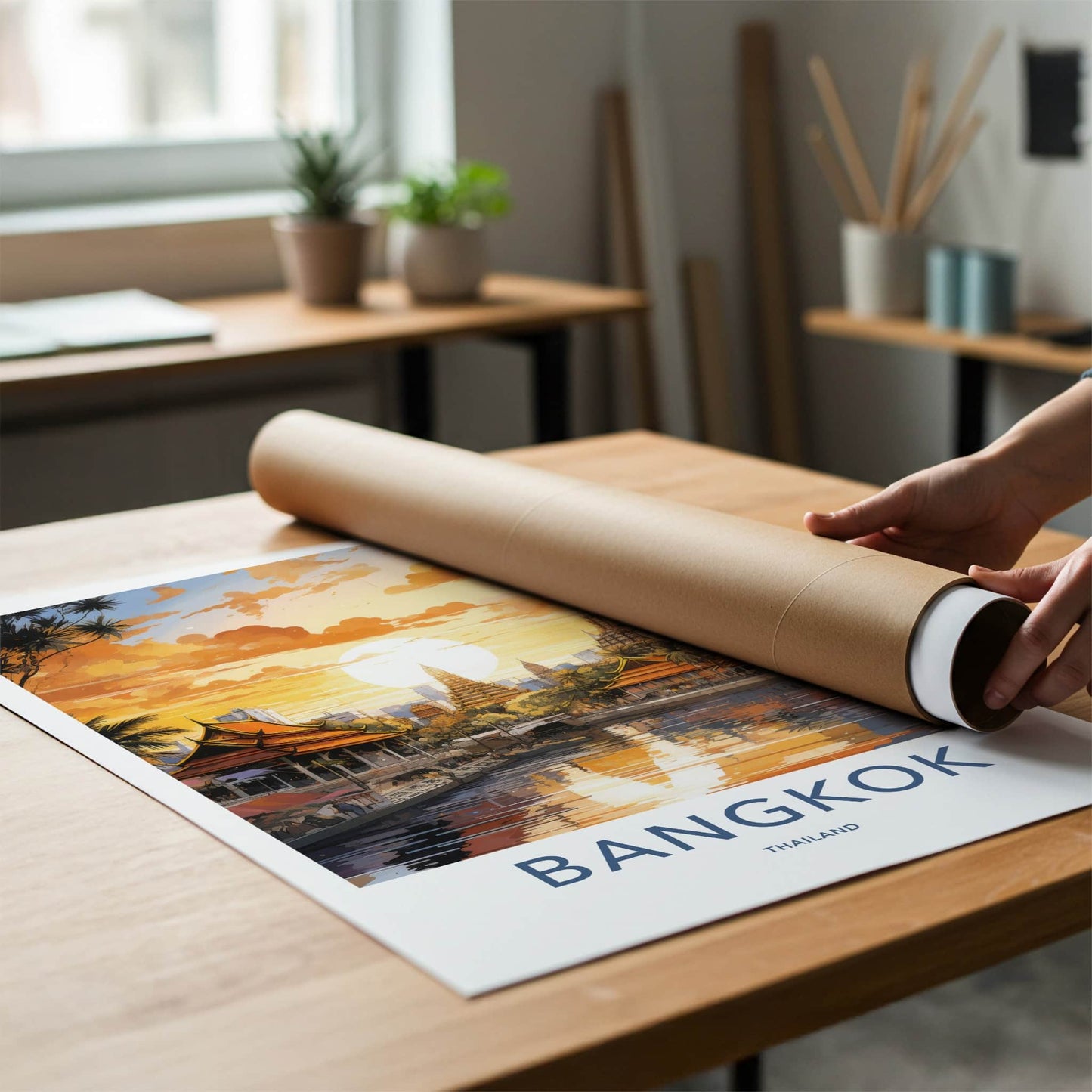 Bangkok Poster - Thailand Travel Art - Temple River Sunset Home Decor