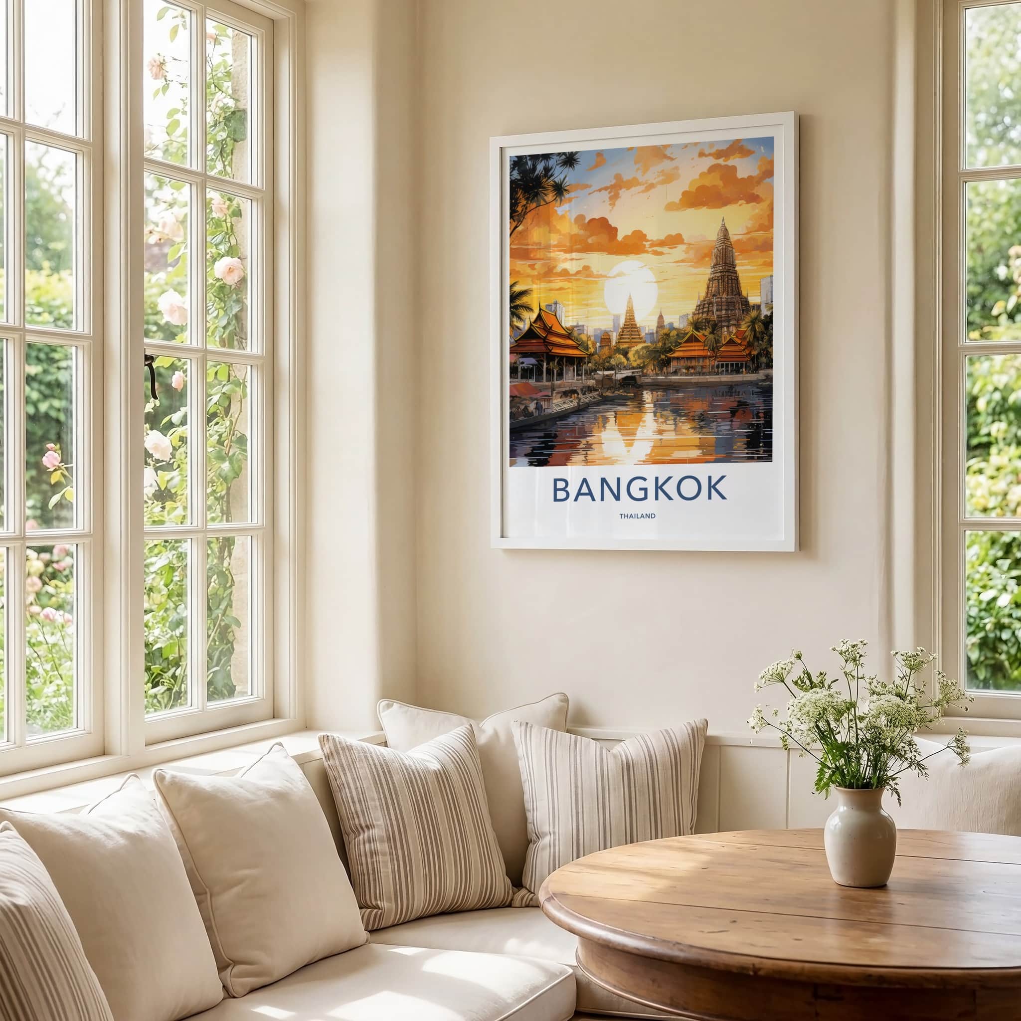 Bangkok Poster - Thailand Travel Art - Temple River Sunset Home Decor
