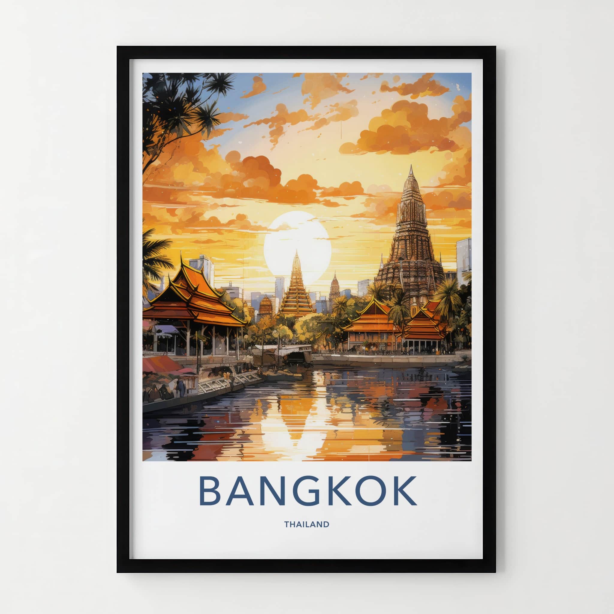 Bangkok Poster - Thailand Travel Art - Temple River Sunset Home Decor