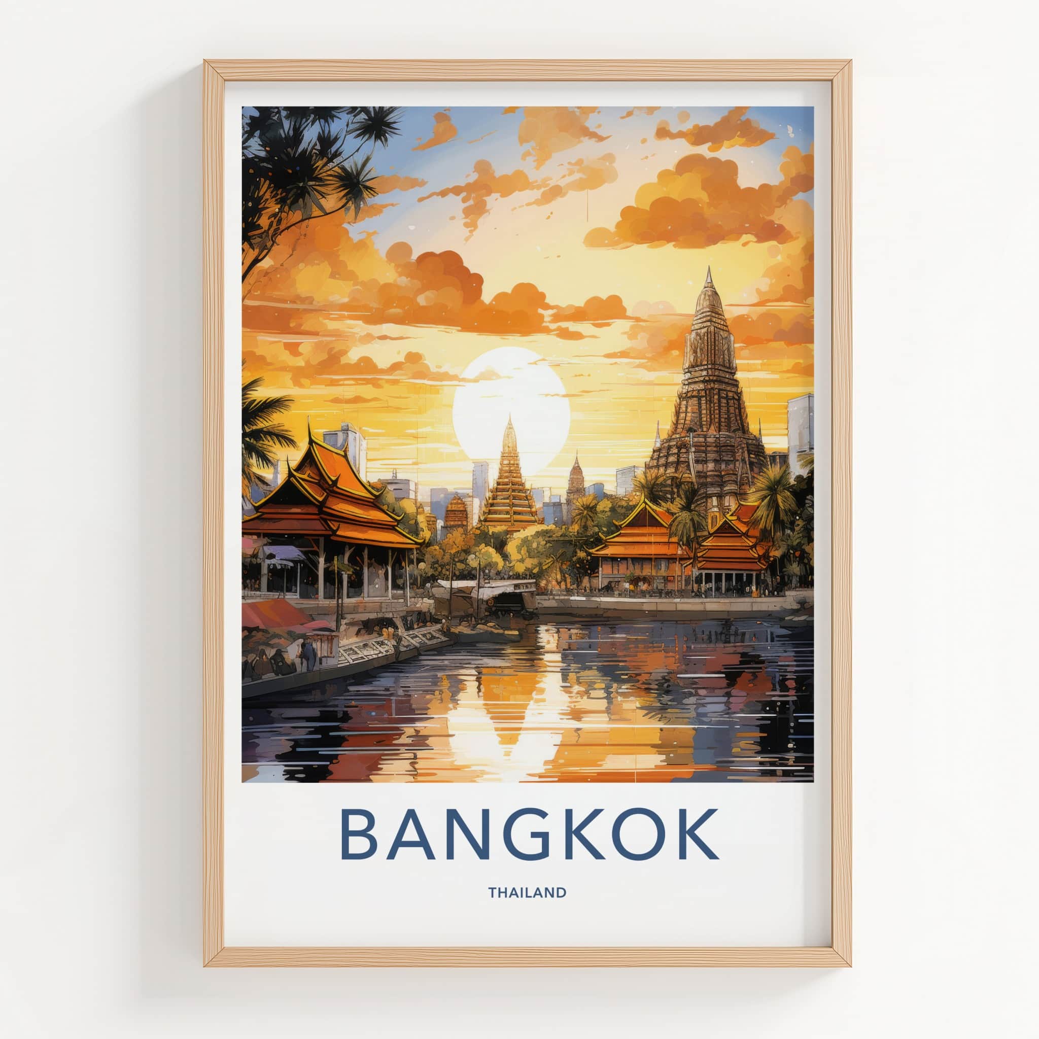 Bangkok Poster - Thailand Travel Art - Temple River Sunset Home Decor